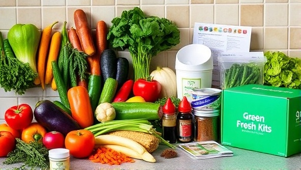 A vibrant kitchen scene with an array of colorful fresh vegetables, herbs, and spices neatly arranged on a countertop, next to recipe cards and a GreenFresh Kits subscription box, conveying freshness and culinary excitement.