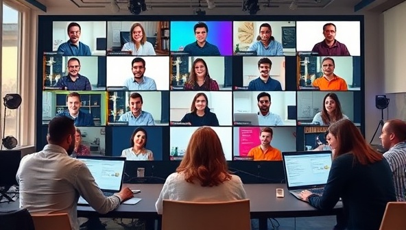 A virtual bootcamp setting with participants engaged in interactive training sessions, collaborating on projects, and receiving guidance from industry experts and mentors, creating a dynamic and immersive learning environment for skill development and career advancement.