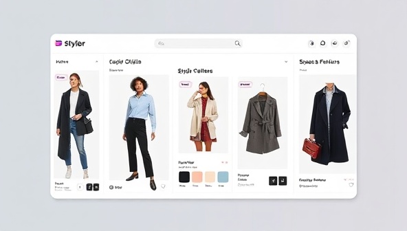 A sleek and modern virtual styling platform interface showing different outfit options, color palettes, and style recommendations, creating a visually appealing and user-friendly experience.