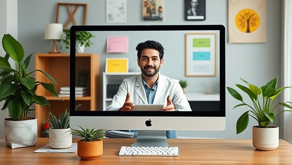 A virtual meeting setup with a professional energy coach providing advice on a computer screen, surrounded by energy-saving tips and eco-friendly visuals, conveying expertise and guidance.