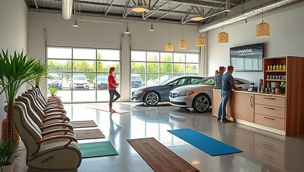 An inviting wellness center with massage chairs, yoga mats, and a juice bar, adjacent to a state-of-the-art car wash facility, with customers enjoying wellness activities while their vehicles are being serviced, embodying the holistic experience of DriveRefresh Oasis.