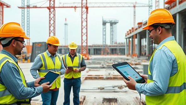 A construction site with workers using digital tablets and laptops, engaging with tech support specialists remotely for real-time assistance on software integration and project management tools, showcasing the efficiency and collaboration enabled by ConstructTech Assist.