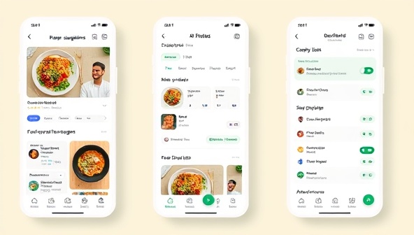 An interactive mobile app interface showcasing a user browsing recipe suggestions, customizing meal preferences, and generating a grocery shopping list, illustrating the convenience and personalized nature of the AI-powered meal planning app.