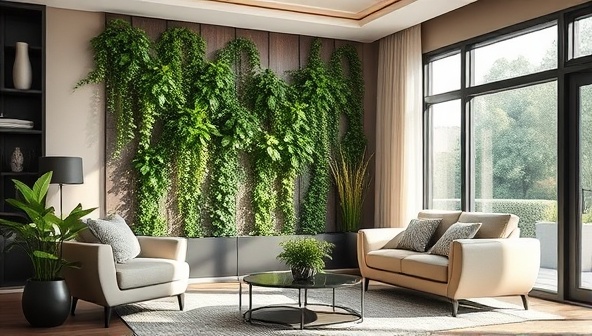 An elegant living room corner featuring a sleek vertical garden installation with cascading plants in modern planters, bathed in soft natural light, creating a harmonious blend of nature and design sophistication.