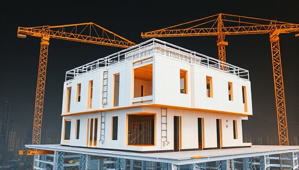 An innovative visualization of a modular building under construction, showcasing 3D printed components being assembled with precision and speed, illustrating the future of rapid and sustainable construction practices.