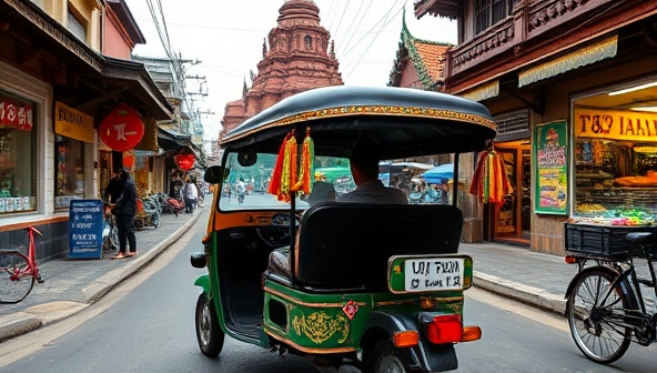 An electric tuk-tuk adorned with colorful decorations and cultural motifs, navigating winding streets lined with vibrant markets and ancient monuments, capturing the essence of TukTukTales' immersive and eco-friendly cultural exploration tours.