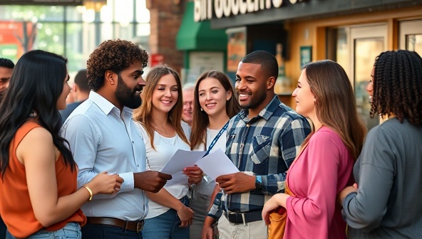 An image of a diverse group of local influencers interacting with business owners in a vibrant community setting, sharing content ideas and collaborating on marketing strategies, embodying authenticity and connection.