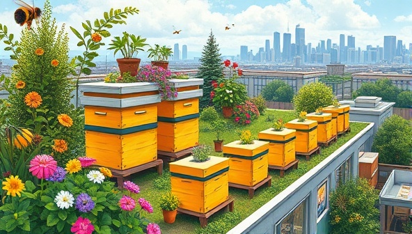 An artistic illustration of a vibrant rooftop garden with beehives surrounded by blooming flowers and lush greenery, showcasing the synergy between urban beekeeping and sustainability, with a backdrop of city skyline in the distance.
