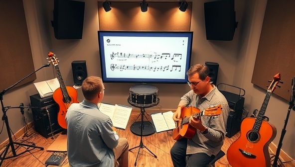 A virtual music studio setup with an instructor guiding a student through a musical piece on a digital interface, surrounded by musical instruments, sheet music, and audio recording equipment, showcasing the immersive and interactive nature of online music lessons.