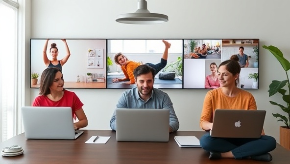 A virtual team meeting scene with employees participating in a fitness class on their laptops, a nutritionist presenting healthy eating tips, and a mental health expert leading a mindfulness session, fostering a supportive and healthy work environment for remote teams.