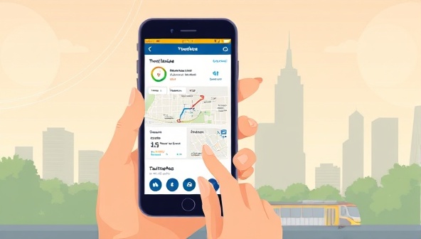 An engaging digital illustration of a user interacting with the TransitEase platform on a smartphone, exploring route options and transit schedules with a city skyline in the background, emphasizing convenience and efficiency in public transportation planning.