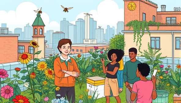 An artistic illustration of a colorful urban rooftop garden with a small beekeeping setup, featuring bees buzzing around flowers and a group of diverse individuals learning about beekeeping, promoting sustainability and community involvement.