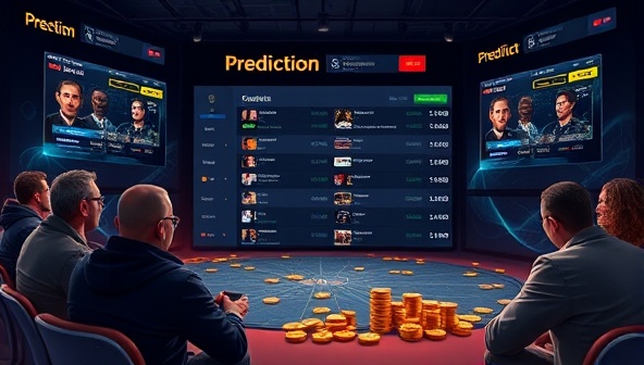 An interactive digital platform showing users making predictions on upcoming events with virtual tokens, creating a dynamic and engaging prediction market environment on PredictWise.