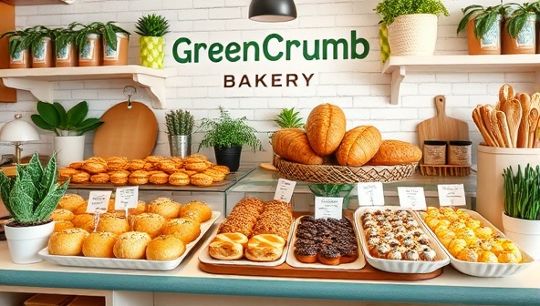 A charming plant-based bakery and cafe setting with a display of freshly baked vegan pastries, artisan bread loaves, and colorful plant-based desserts, accompanied by plant decorations and eco-friendly packaging, creating a warm and inviting atmosphere at GreenCrumb Bakery.