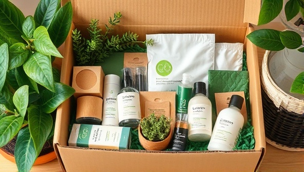 An assortment of eco-friendly home products neatly arranged in a recyclable box, surrounded by green plants and natural elements, illustrating a sustainable and modern lifestyle choice.