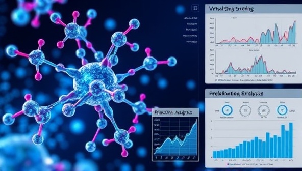 An illustration of AI algorithms analyzing molecular structures, virtual drug screening simulations, and predictive analytics charts, showcasing the advanced technology and innovation behind PharmaAI Discover in revolutionizing drug discovery processes through artificial intelligence.
