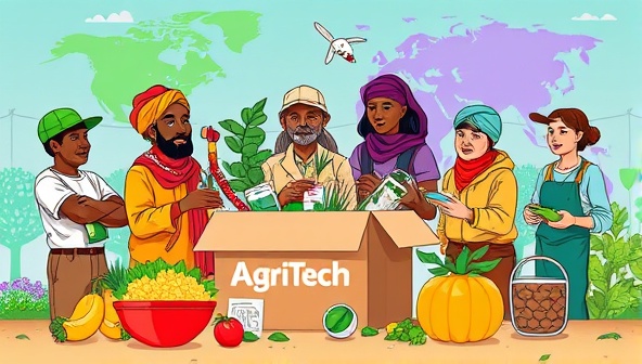 A vibrant illustration showing a diverse group of farmers around the world receiving and unboxing their AgriTechBox subscription, with futuristic farming tools and green technologies spilling out of the box.