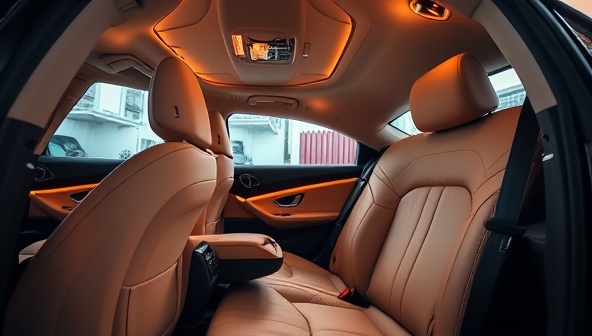 An elegant car interior featuring custom leather seats, ambient lighting, and bespoke trim details, with a focus on luxurious comfort and modern design elements, reflecting the premium customization options available through the subscription service.