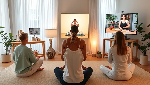 A serene virtual wellness retreat setting with participants engaging in yoga poses, meditation exercises, and healthy cooking demonstrations on their screens, surrounded by calming decor elements, promoting relaxation and inner balance.