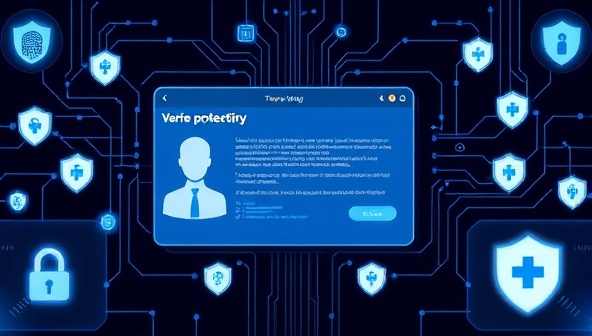 A digital identity verification platform interface with sleek design elements, biometric scanning features, and security badges, surrounded by icons representing data protection and secure identity verification, projecting a sense of trust and reliability in the service.