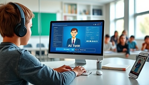 An engaging virtual classroom setting with a student interacting with an AI tutor on a computer screen, surrounded by educational resources and a diverse group of students in the background, highlighting modern education and personalized learning.