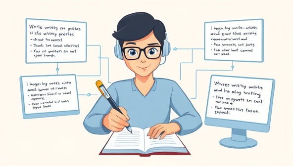 An illustration of a virtual assistant with a pen and paper, surrounded by digital screens displaying writing suggestions and improvements, symbolizing the fusion of AI technology with traditional writing processes.