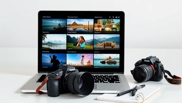 An online photography course interface featuring a series of captivating travel images with overlay text highlighting photography tips and techniques, displayed on a laptop screen with a digital camera and notebook nearby, inspiring creativity and learning.