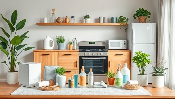 An aesthetically pleasing home setting with eco-friendly products neatly arranged, such as smart home devices, energy-efficient appliances, and plant-based cleaning supplies, evoking a sense of sustainable living and modernity.