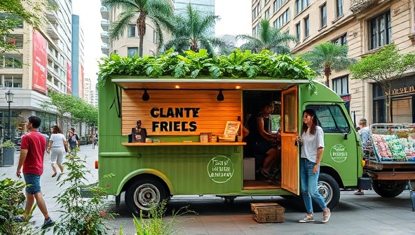 An eco-friendly food truck parked in a bustling urban area, surrounded by lush greenery and happy customers enjoying plant-based meals served in biodegradable packaging, emphasizing sustainability and freshness.