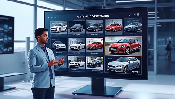 An artistic rendering of a virtual consultation session showing a consultant displaying various car customization options on a digital interface, with before-and-after visuals of customized vehicles, conveying creativity and personalization.