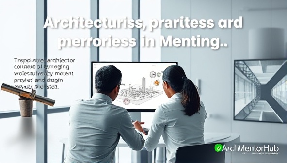 An inspirational image of a mentor guiding a mentee through a virtual architectural project review session, symbolizing the supportive and collaborative mentorship experience offered by ArchMentorHub to emerging architects and design enthusiasts.