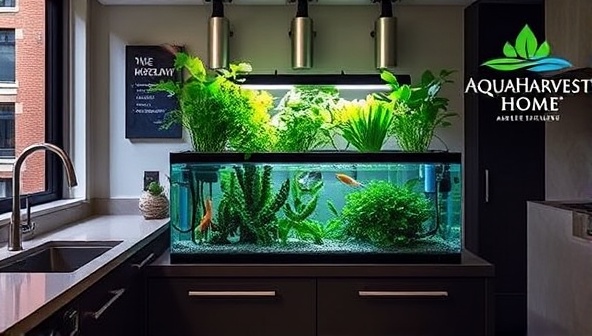 An artistic image of a modern, stylish aquaponics system integrated into a chic urban kitchen, showcasing the harmony between fish tanks and lush vegetable growth, with a subtle logo of AquaHarvest Home adding a touch of sophistication and sustainability.