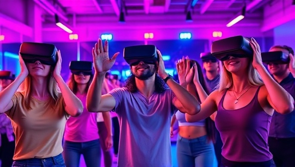 A group of diverse individuals wearing VR headsets, following an energetic fitness instructor in a virtual gym environment, surrounded by vibrant colors and motivational workout elements, illustrating the futuristic and engaging nature of the classes.