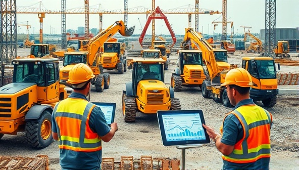 An array of smart construction equipment in action on a busy construction site, with workers using digital tablets to monitor equipment performance and data analytics displayed in real-time, illustrating the future of construction technology.