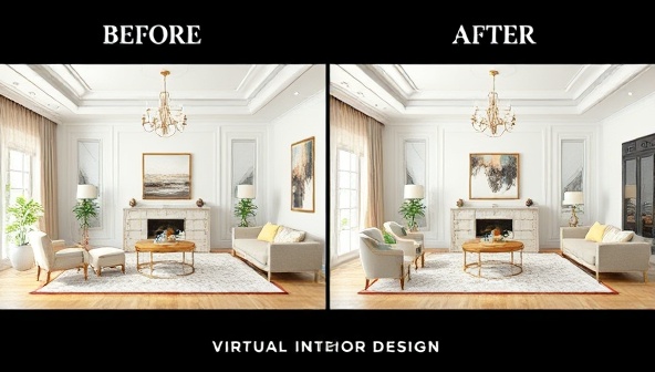 An elegant virtual room design visualization with before and after views, showcasing the transformation of a living space with virtual design elements, furniture placements, and color schemes, illustrating the impact of virtual interior design consultations in creating beautiful and functional spaces.