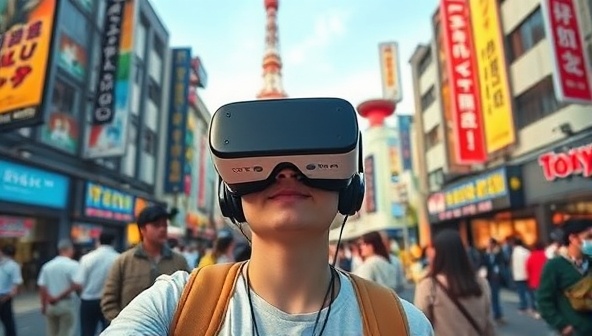 An immersive VR scene showcasing a user wearing a VR headset, exploring the vibrant streets of Tokyo virtually, surrounded by digital recreations of iconic landmarks and bustling crowds, capturing the essence of VR Wanderlust's travel experiences.