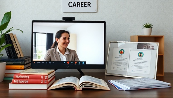 A virtual career coaching session with a career advisor providing guidance to a client through a video call, surrounded by career development books, industry reports, and professional development certificates, symbolizing growth and progress in one's career journey.