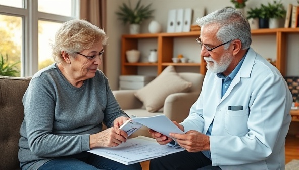 An image of a caring pharmacist discussing medication schedules with an elderly patient in a cozy home setting, surrounded by pill organizers and medical documents, conveying personalized care and attention.