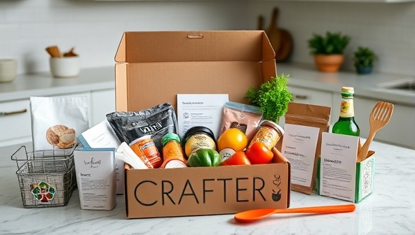 An image of a beautifully packaged subscription box filled with colorful ingredients, recipe cards, and cooking utensils, arranged on a kitchen counter ready for a cooking adventure, conveying a sense of excitement and culinary exploration.