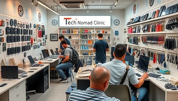 An image of a bustling tech repair shop with technicians working on various gadgets, travelers waiting for quick fixes, and shelves stocked with tech accessories and spare parts, showcasing the efficiency and expertise of Tech Nomad Clinic.