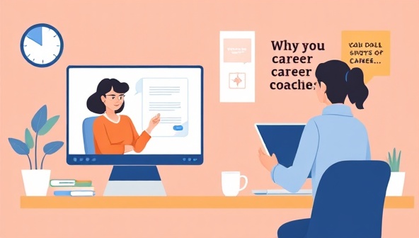 A modern digital illustration featuring a virtual career coaching session, showing a client receiving feedback on a laptop screen, a career coach providing guidance, and a motivational workspace setup with inspirational quotes and career development resources, conveying professionalism and career advancement.