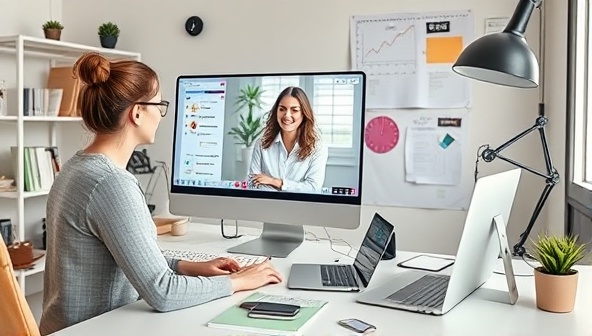 A virtual productivity coach conducting a remote coaching session with a client, showcasing digital productivity tools, time management strategies, and a well-organized workspace, conveying a sense of focus and efficiency.