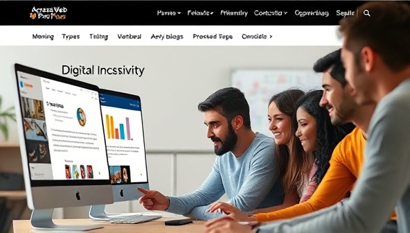 An inclusive and diverse group of individuals interacting with a user-friendly website interface that incorporates accessibility features such as screen reader compatibility, high color contrast, and adjustable font sizes, showcasing the transformative impact of AccessWeb Pro's consultancy services on digital inclusivity.