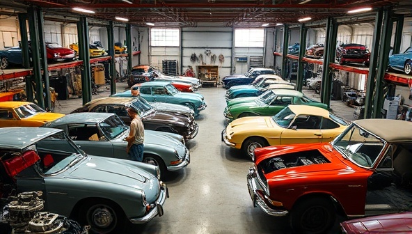 A vintage car restoration studio workshop filled with classic cars in various stages of restoration, surrounded by meticulous craftsmen working on intricate details and historical components, capturing the essence of timeless automotive craftsmanship and dedication.