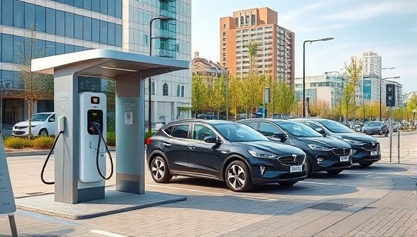 An urban landscape featuring a sleek and modern EV charging station with a line of electric vehicles waiting to charge, showcasing convenience and eco-friendliness.