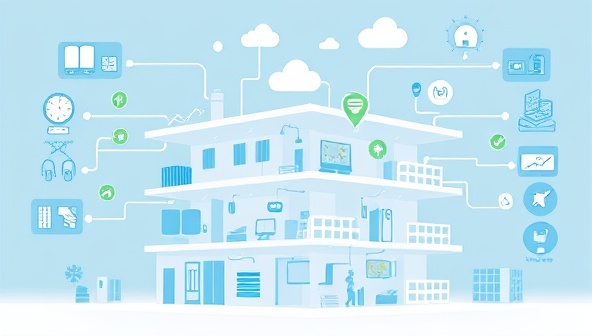 An illustration of a smart building infrastructure with interconnected IoT devices, sensors, and systems controlled through the SmartBuild Connect platform, demonstrating energy optimization, security monitoring, and facility management features, showcasing the efficiency and sustainability benefits of IoT communication in smart buildings.