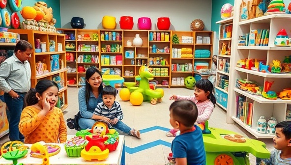 An engaging store setup with colorful toy displays, children playing with interactive toys, and parents observing with smiles, creating a lively and joyful atmosphere filled with laughter and learning.