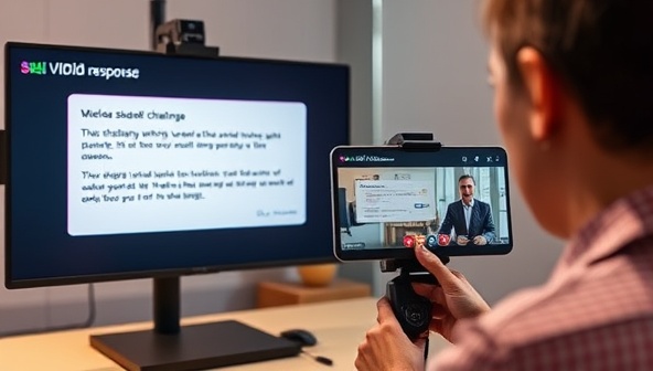 An image of a candidate recording a video response to a skill-based challenge, with a split-screen showing the challenge prompt and the candidate's engaging and creative video submission, highlighting the interactive and practical assessment process of SkillVidAssess.