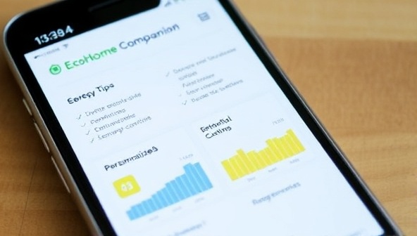 A smartphone screen displaying the EcoHome Companion app interface with energy-saving tips, consumption graphs, and personalized recommendations, portraying a user-friendly and informative tool for homeowners.