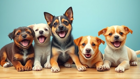An adorable and playful scene of pets happily enjoying Paws & Palate Delights' gourmet pet treats, surrounded by colorful packaging and organic ingredients, capturing the essence of pampering pets with premium culinary delights.